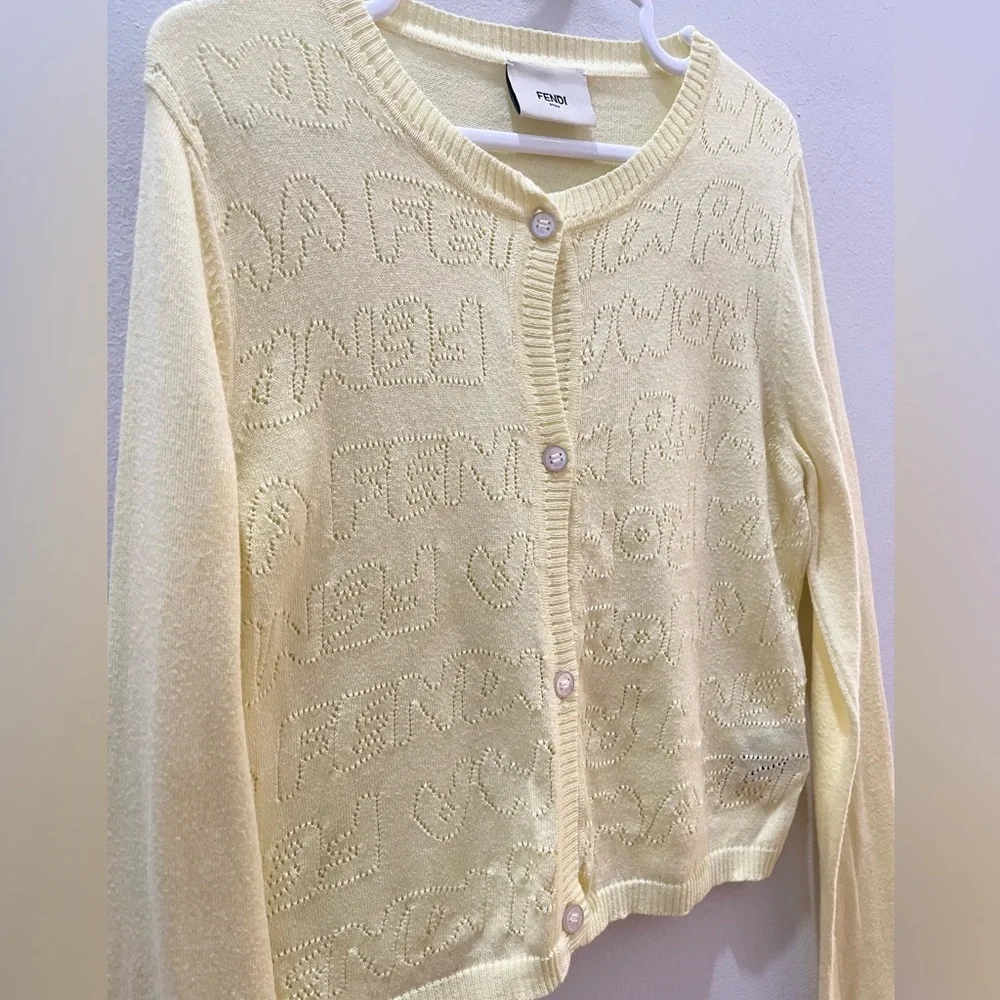 Fendi Junior Girls Yellow Cotton Cardigan Fendi Motif Made in Italy Size 8A - Picture 3 of 11